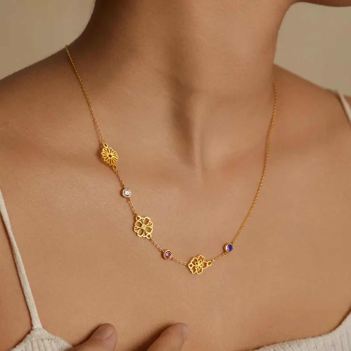 Custom Sideway Birthflower Birthstone Necklace