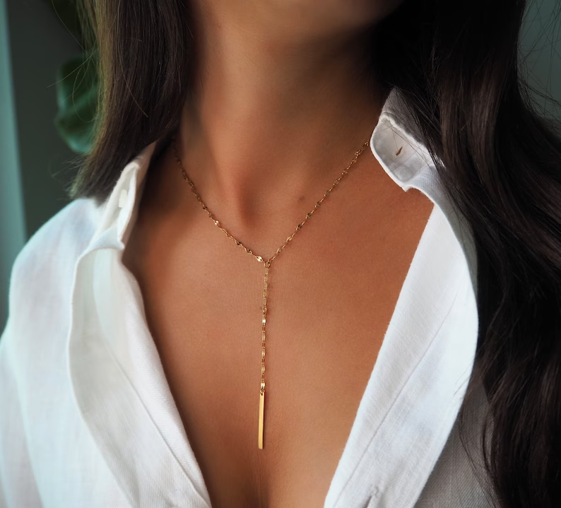 Gold Plated Lace Chain Adjustable Y-Drop Bar Necklace