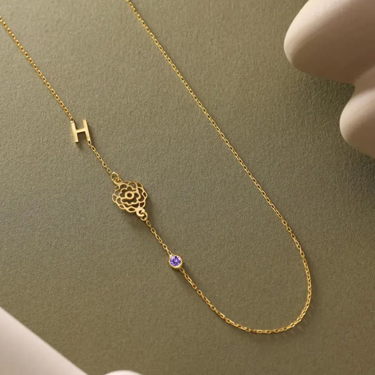 Custom Sideway Initial Birthflower Birthstone Necklace