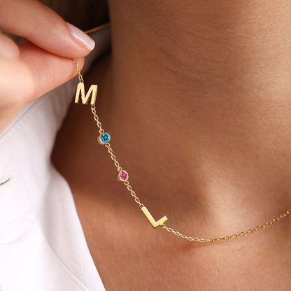 Custom Sideway Initial Birthstone Necklace