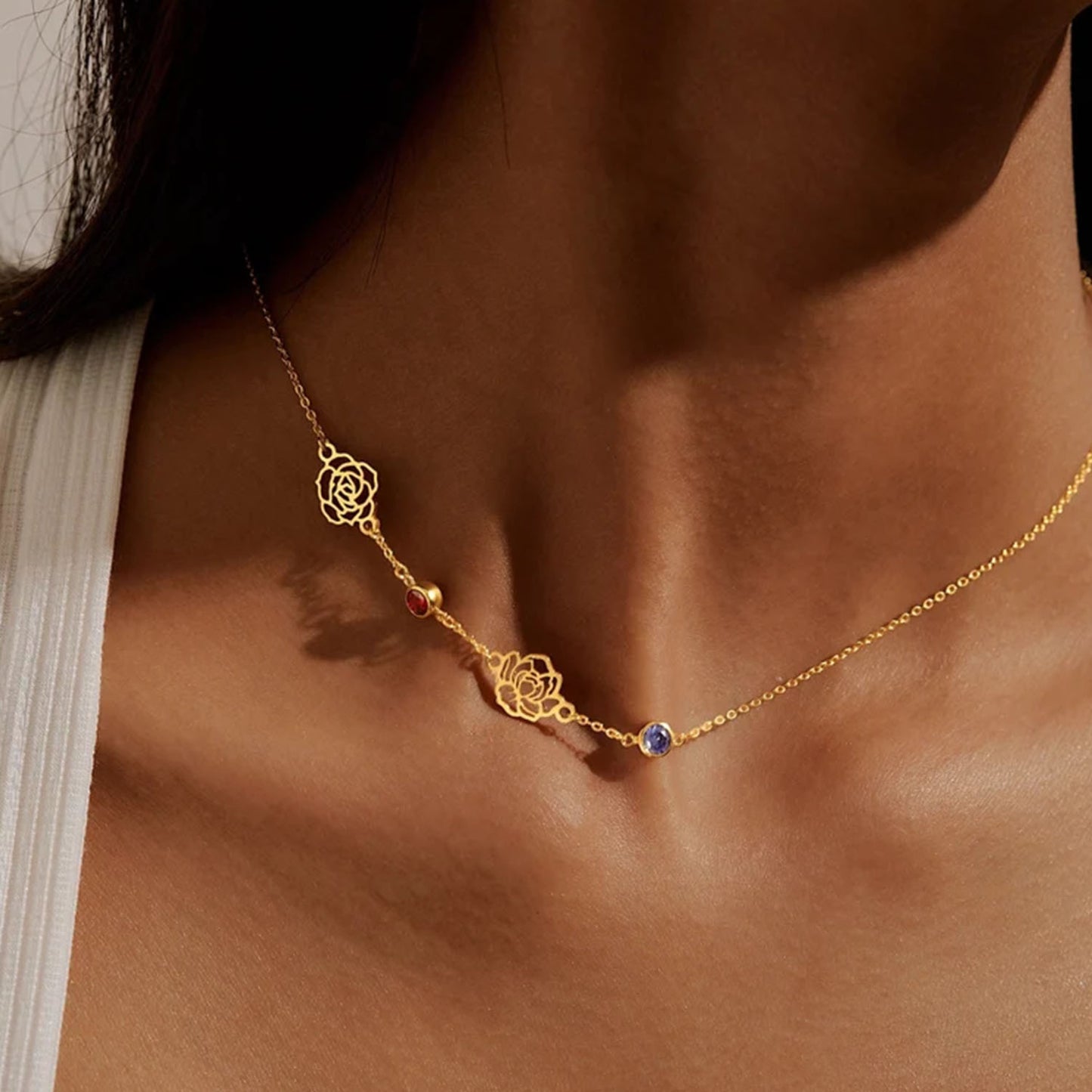 Custom Sideway Birthflower Birthstone Necklace