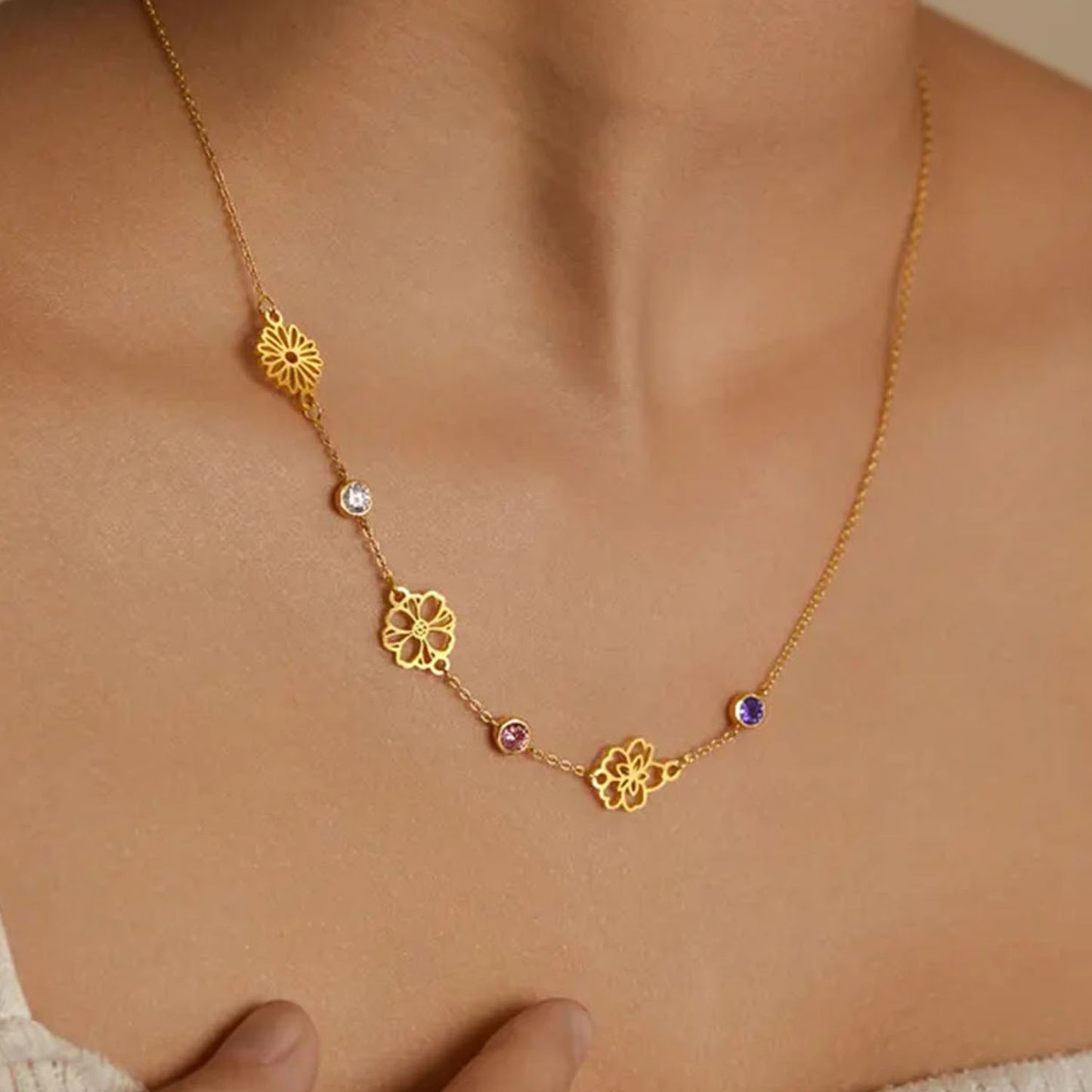 Custom Sideway Birthflower Birthstone Necklace