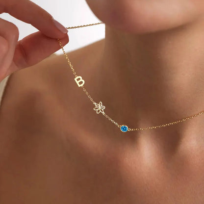 Custom Sideway Initial Birthflower Birthstone Necklace