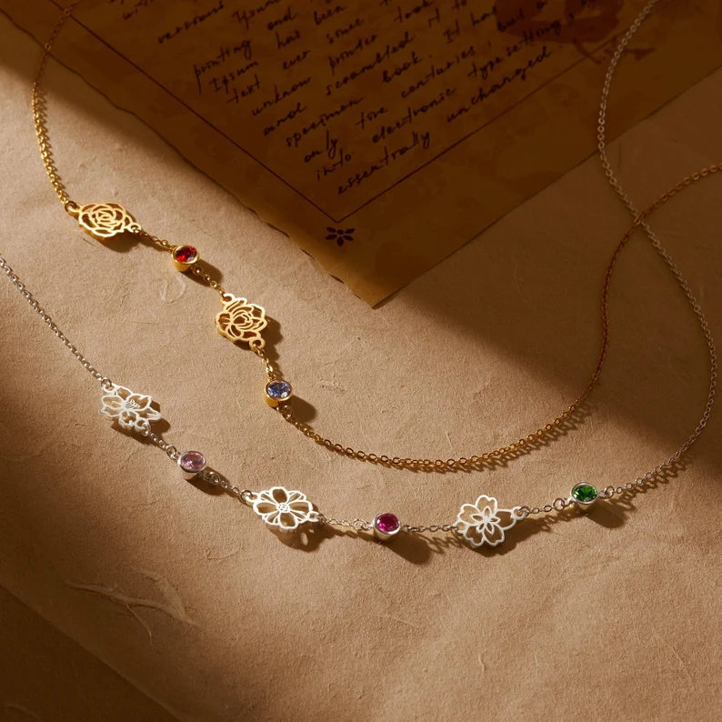 Custom Sideway Birthflower Birthstone Necklace