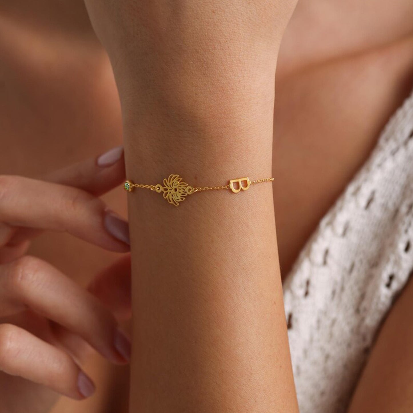 Custom Initial Birthflower Birthstone Bracelet