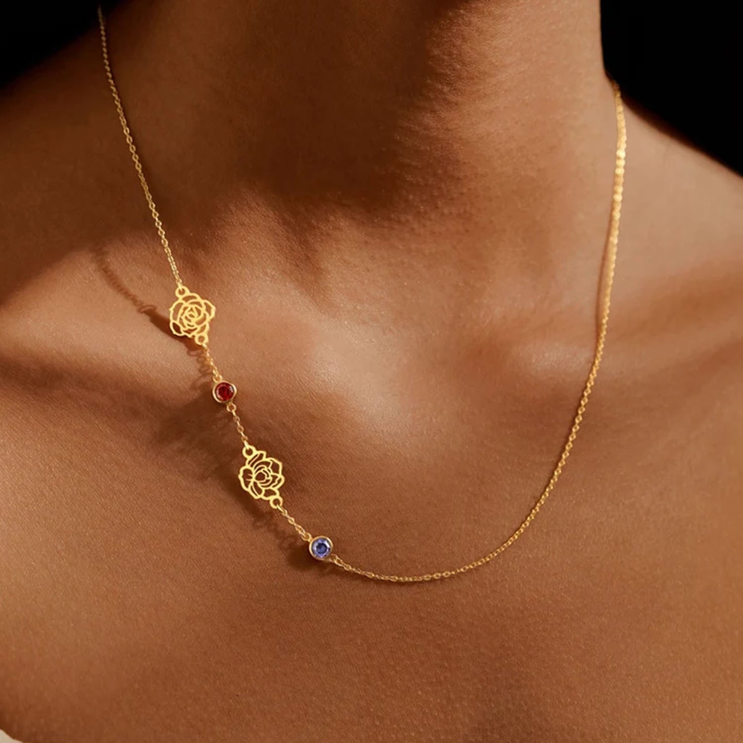 Custom Sideway Birthflower Birthstone Necklace