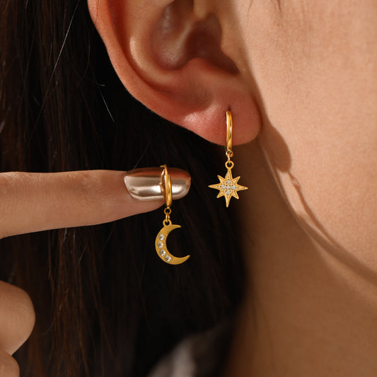 Star & Moon Drop Huggie Hoop Earrings