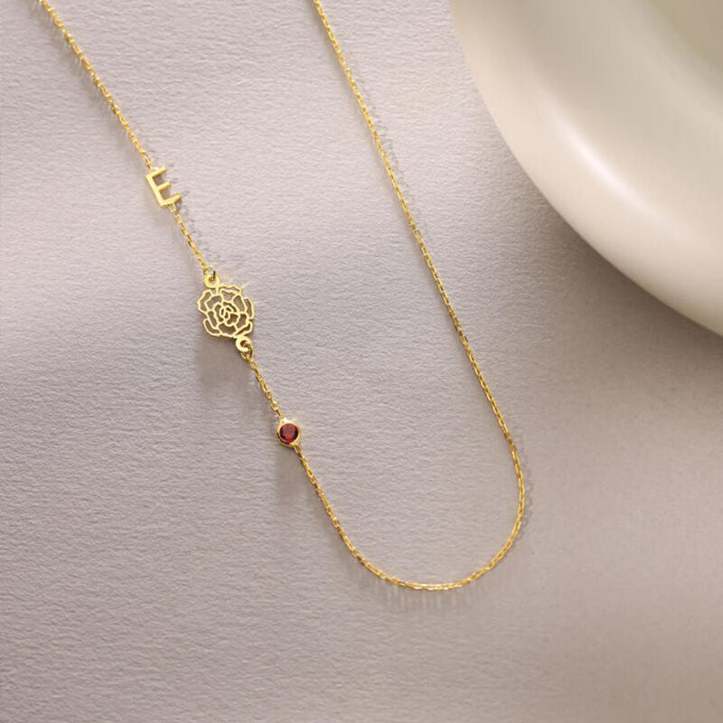 Custom Sideway Initial Birthflower Birthstone Necklace