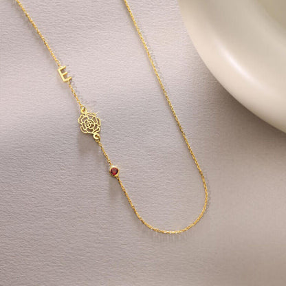 Custom Sideway Initial Birthflower Birthstone Necklace