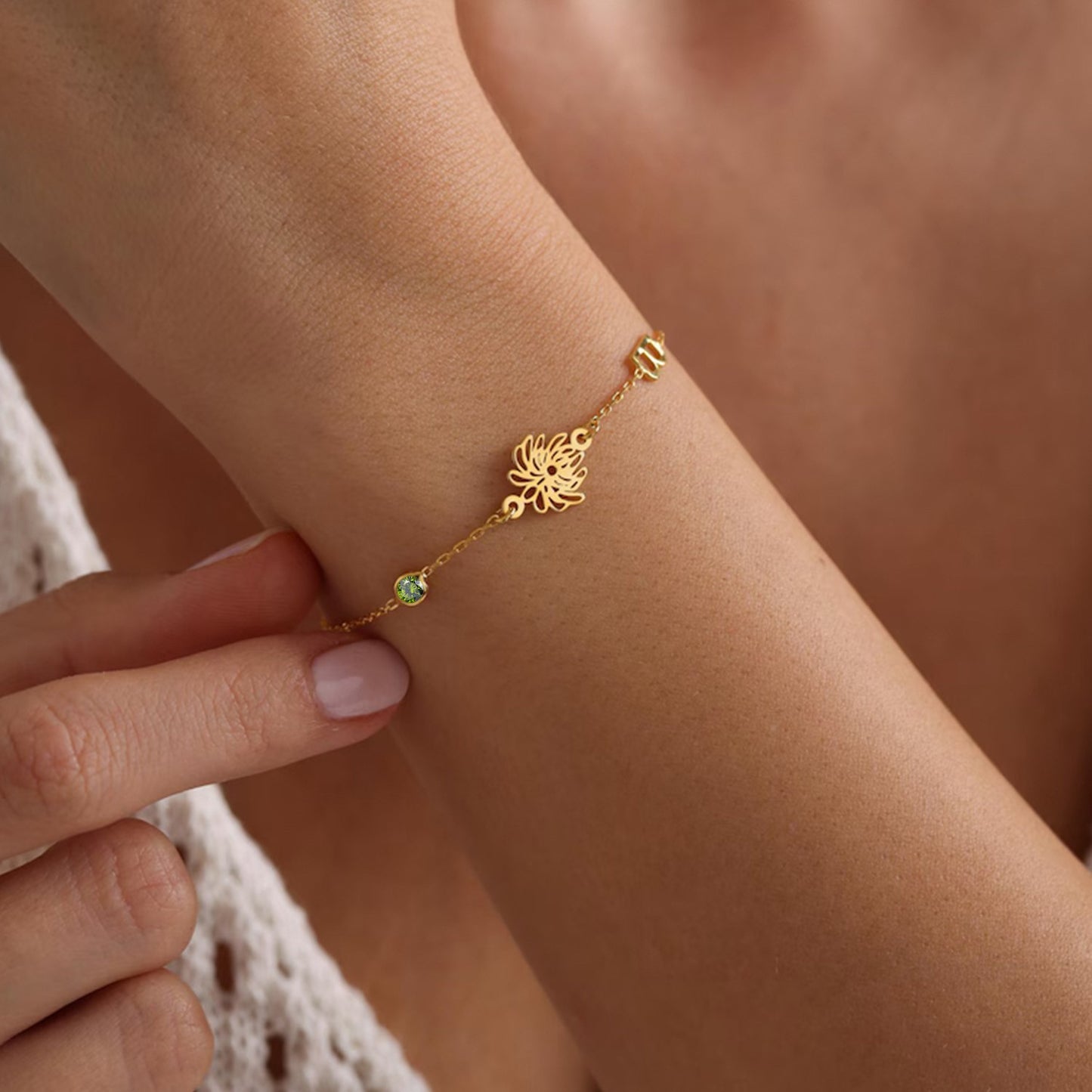 Custom Initial Birthflower Birthstone Bracelet