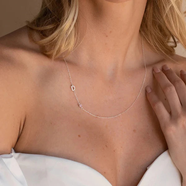 Custom Sideway Initial Birthstone Necklace