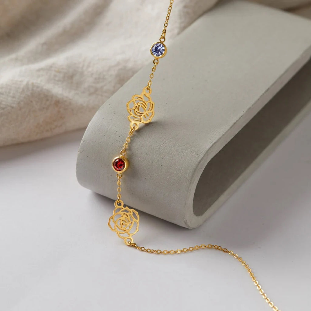 Custom Sideway Birthflower Birthstone Necklace