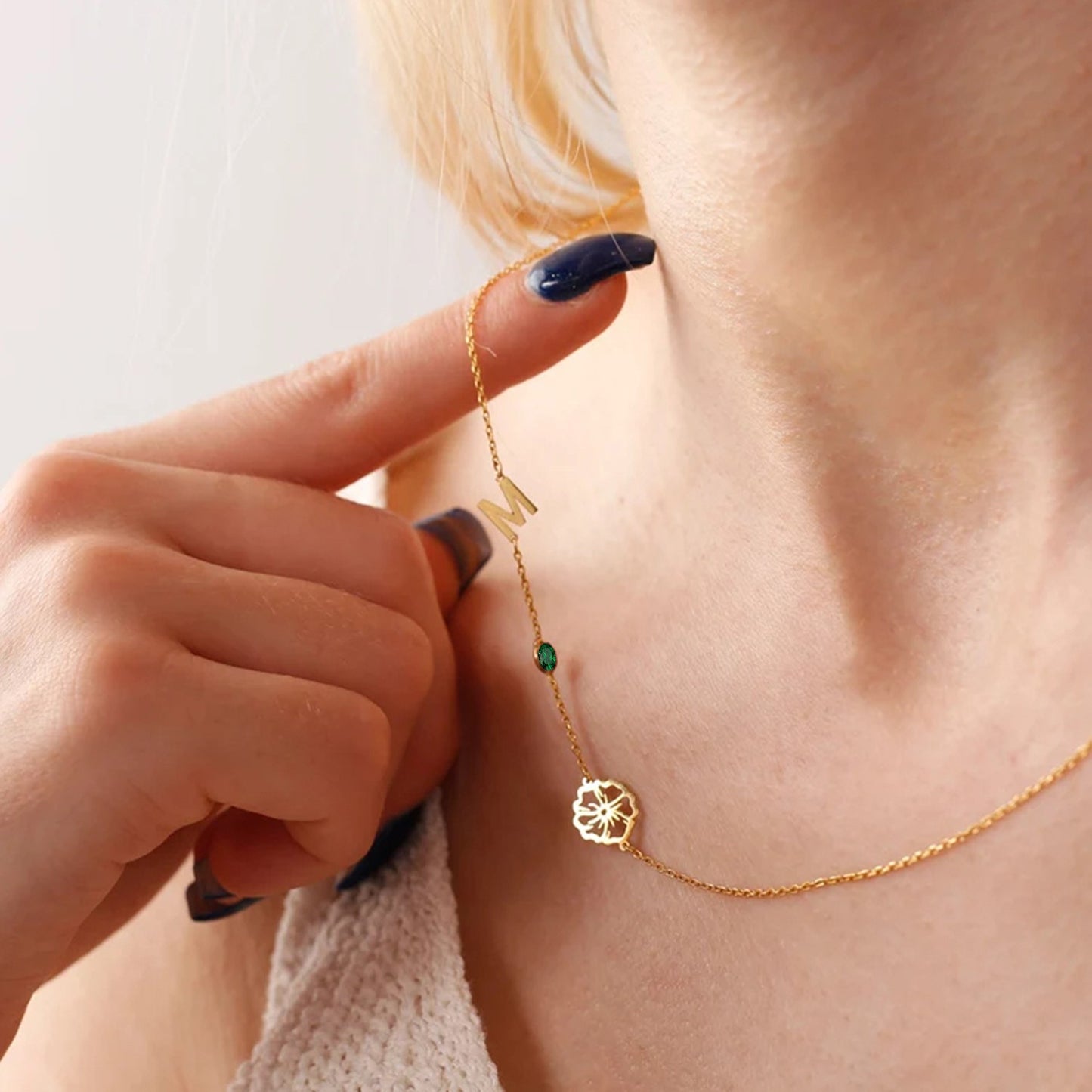 Custom Sideway Initial Birthflower Birthstone Necklace