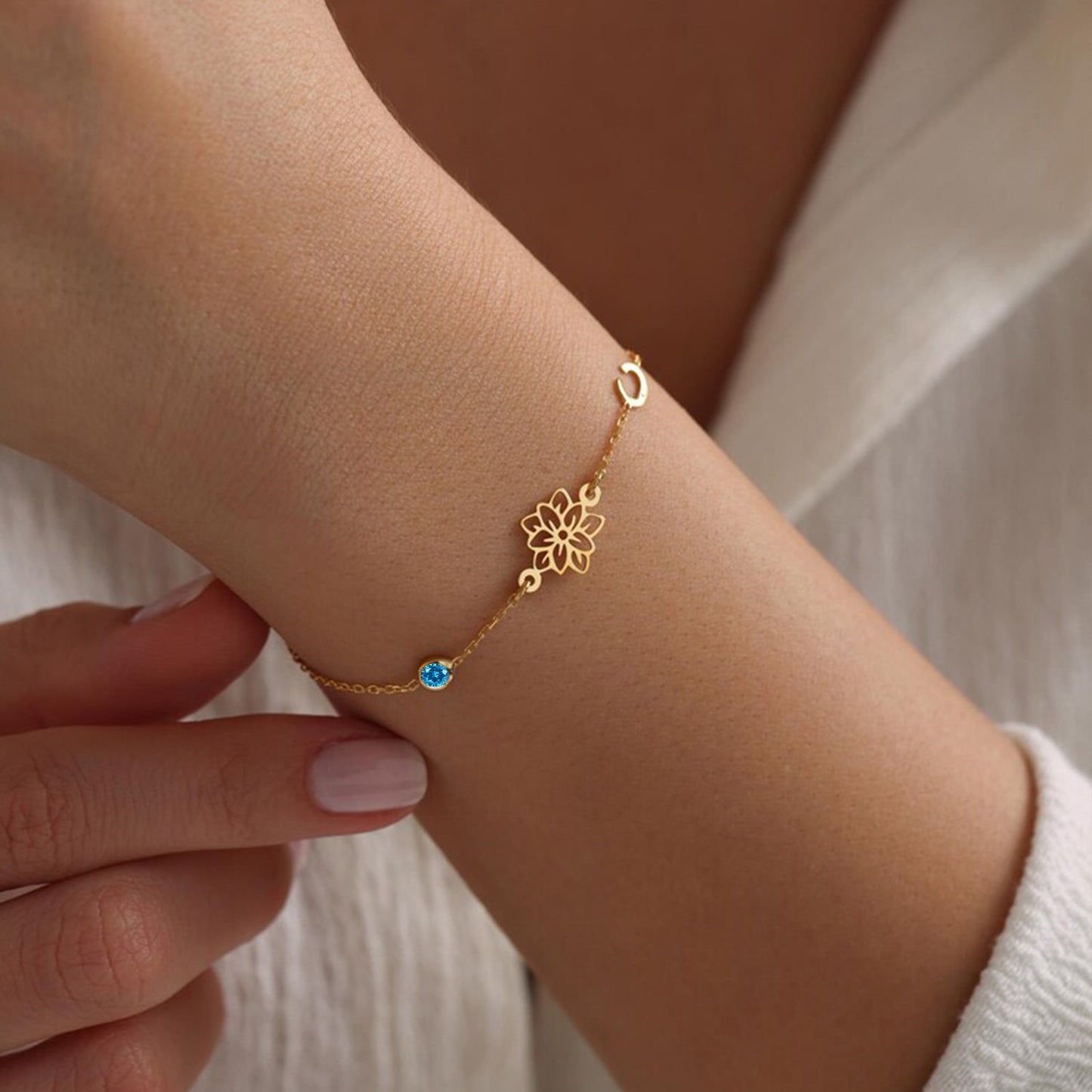 Custom Initial Birthflower Birthstone Bracelet