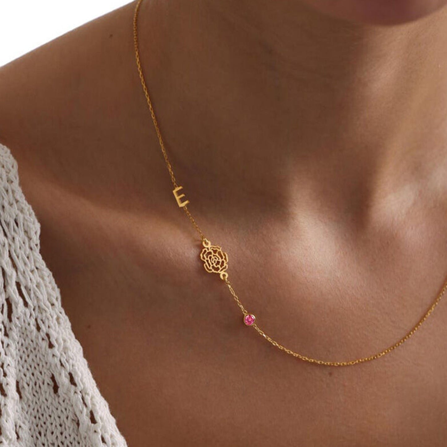 Custom Sideway Initial Birthflower Birthstone Necklace