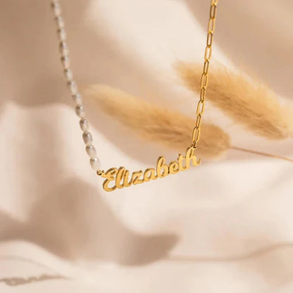 Custom Half Pearl Half Paperclip Chain Name Necklace