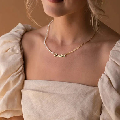 Custom Half Pearl Half Paperclip Chain Name Necklace