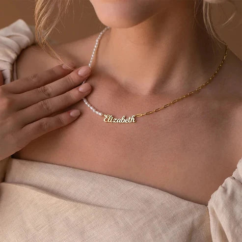 Custom Half Pearl Half Paperclip Chain Name Necklace