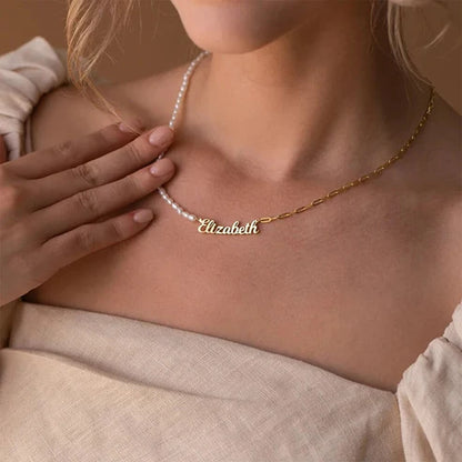 Custom Half Pearl Half Paperclip Chain Name Necklace