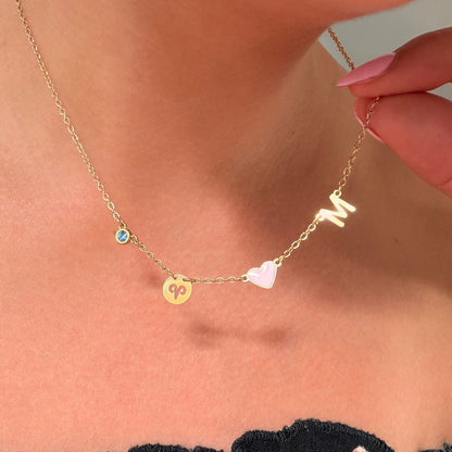 Custom Initial Heart Necklace with Birthstone and Zodiac Sign