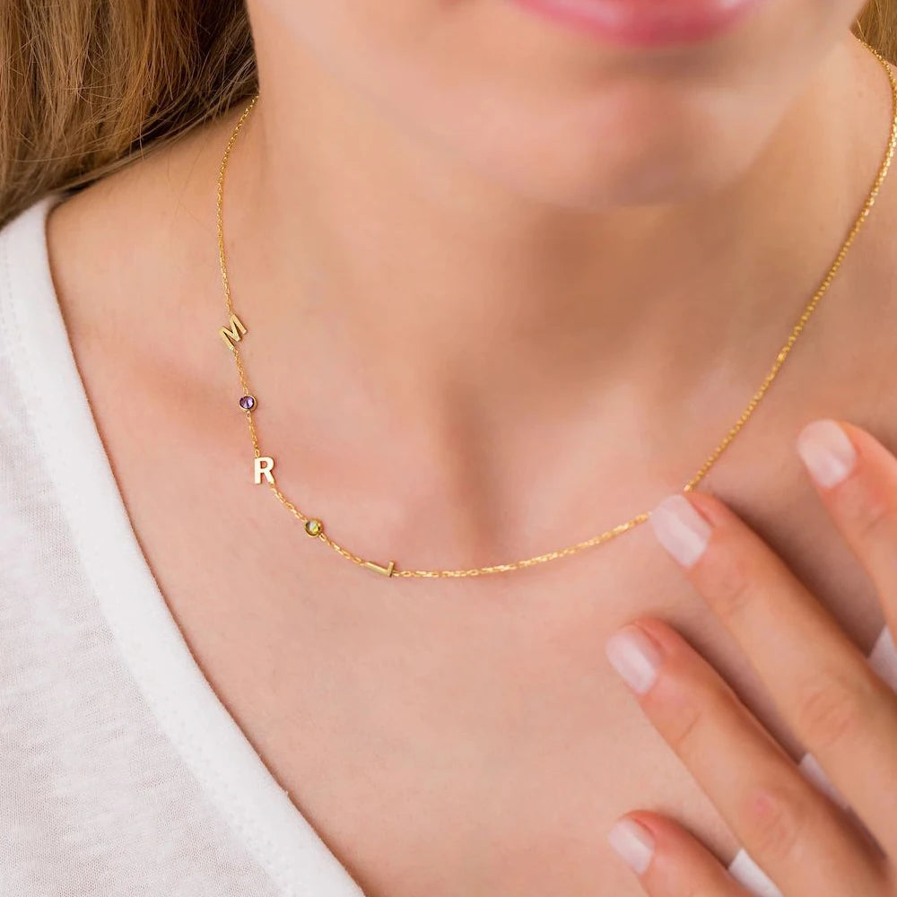 Custom Sideway Initial Birthstone Necklace