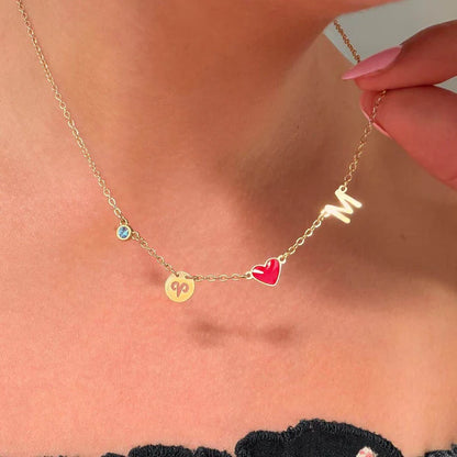 Custom Initial Heart Necklace with Birthstone and Zodiac Sign