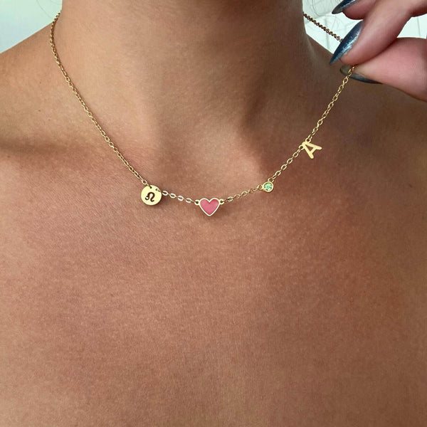 Custom Initial Heart Necklace with Birthstone and Zodiac Sign