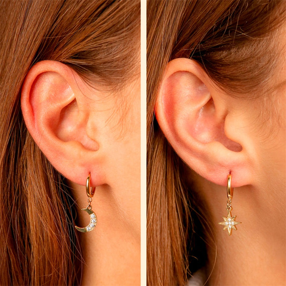 Star & Moon Drop Huggie Hoop Earrings
