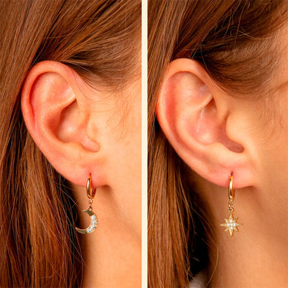 Star & Moon Drop Huggie Hoop Earrings