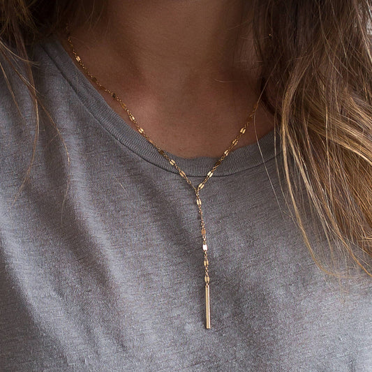 Gold Plated Lace Chain Adjustable Y-Drop Bar Necklace