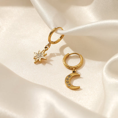 Star & Moon Drop Huggie Hoop Earrings