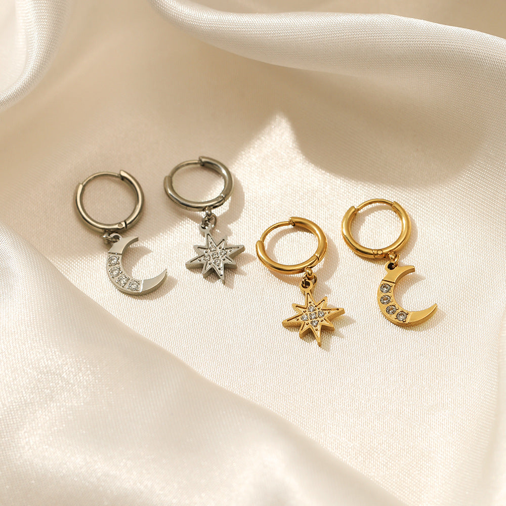 Star & Moon Drop Huggie Hoop Earrings