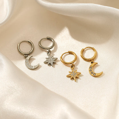 Star & Moon Drop Huggie Hoop Earrings