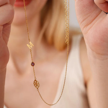 Custom Sideway Initial Birthflower Birthstone Necklace